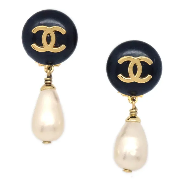 Chanel 1996 CC Black & Faux Teardrop Pearl Dangle Earrings in Black Resin from AMORE Vintage Tokyo