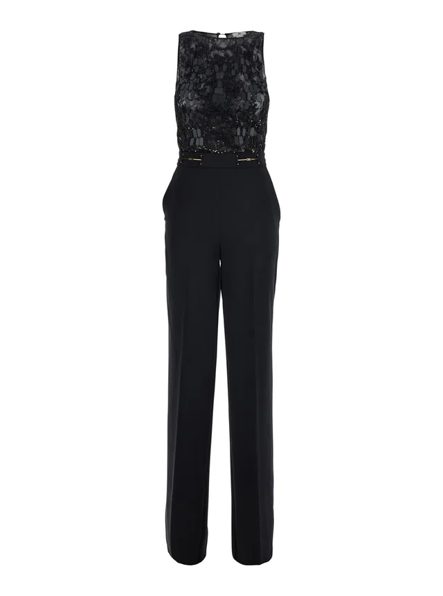ELISABETTA FRANCHI Black Sleeveless Jumpsuit with Round Neck and Lace Embroidery on the Upper Part in Stretch Tech Fabric for Women in Black 95% Polyester 5% Elastane, photo 2 of 6 from Gaudenzi Boutique
