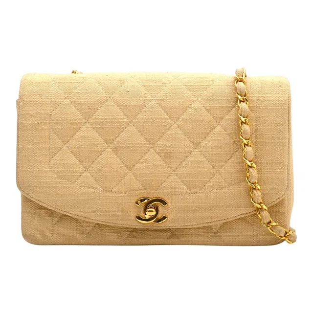 Chanel Circa 1992 Linen Diana Flap Chain Bag 25cm Beige in Beige from VINTAGE QOO TOKYO