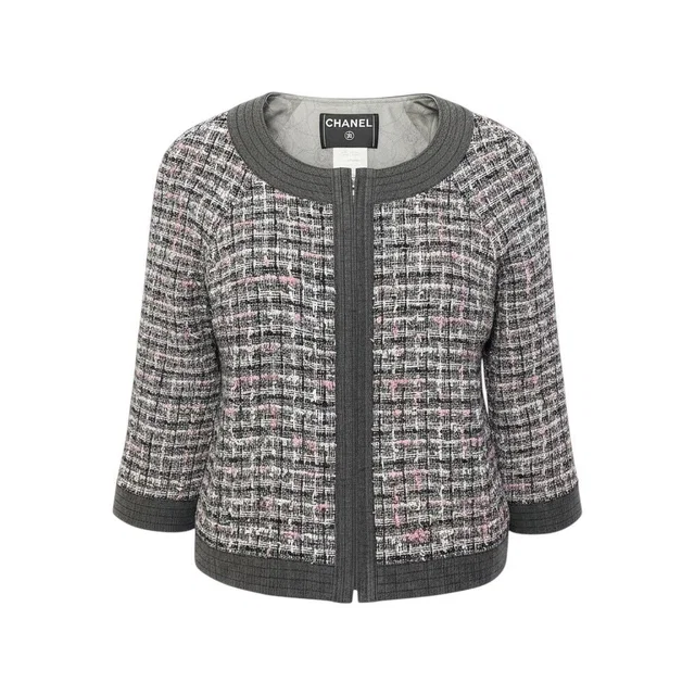 Chanel Zip Up Tweed Jacket Collarless 38 Multicolor in Multicolor Tweed from The Reluxe