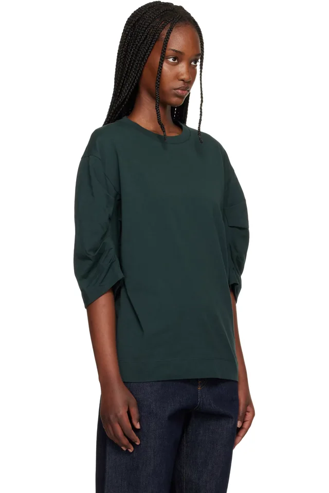Dries Van Noten Green Pleated Sleeve T-shirt, photo 2 of 4 from SSENSE