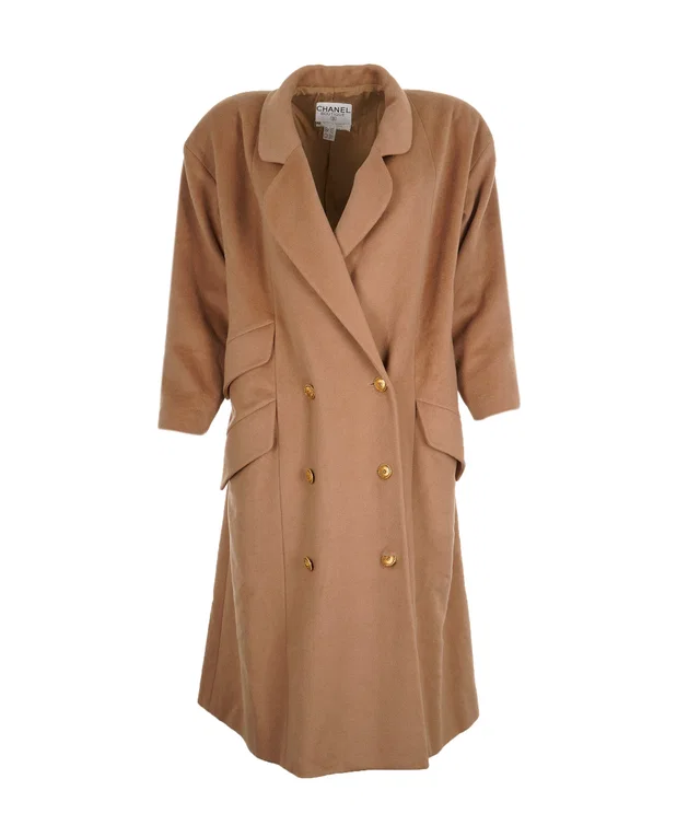 Chanel CC Logos Button Double Breasted Long Sleeve Jacket Coat Beige in Beige Cashmere from Luxury Promise