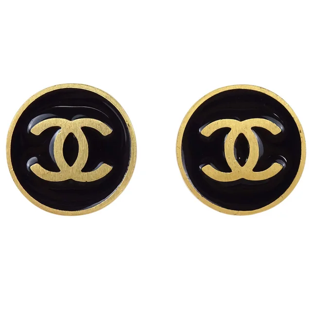 Chanel Button Clip-On Earrings Gold Black 01P in Black from AMORE Vintage Tokyo