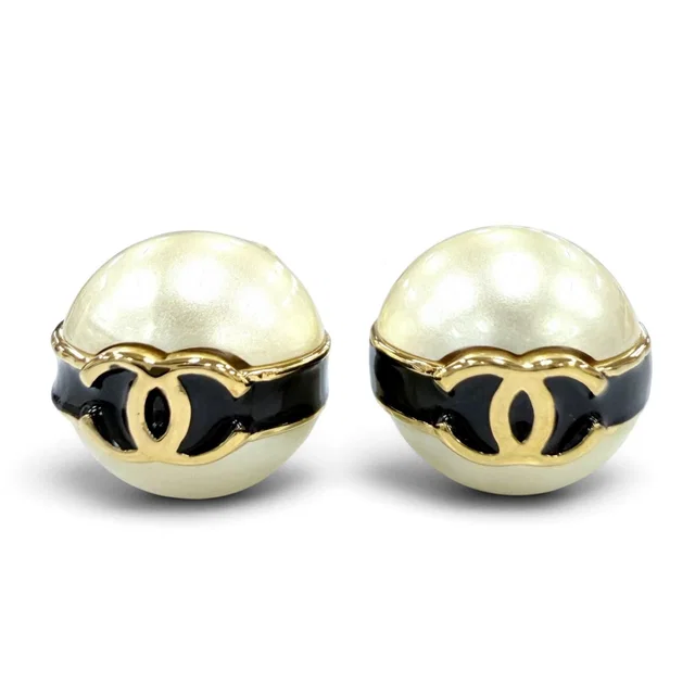 Chanel CC Logo Eco Pearl Black Line Earrings Gold in Black from The Reluxe