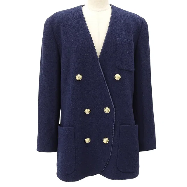 Celine Macadam Button Collarless Double-Breasted Jacket #42 Navy in Navy Wool from VINTAGE QOO TOKYO