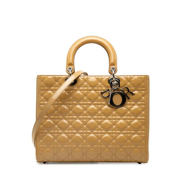 Tan Dior Large Patent Cannage Lady Dior Satchel in Brown Patent leather from Designer Revival