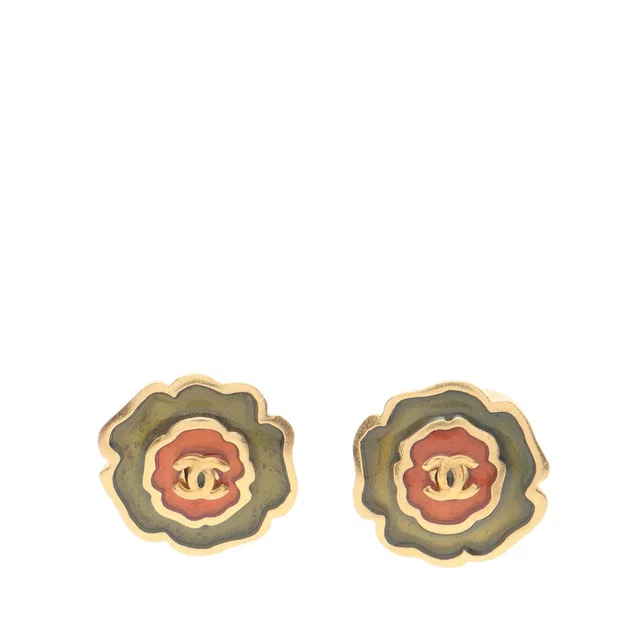 Green Chanel Enamel Camellia CC Stud Push Back Earrings in Green from Designer Revival