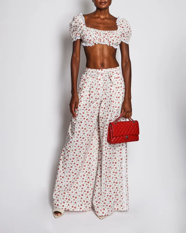 Dolce & Gabbana White and Red Floral Rose Print Short-Sleeve Crop Top and High-Waisted Wide-Leg Trousers with… in White Nylon from Sellier