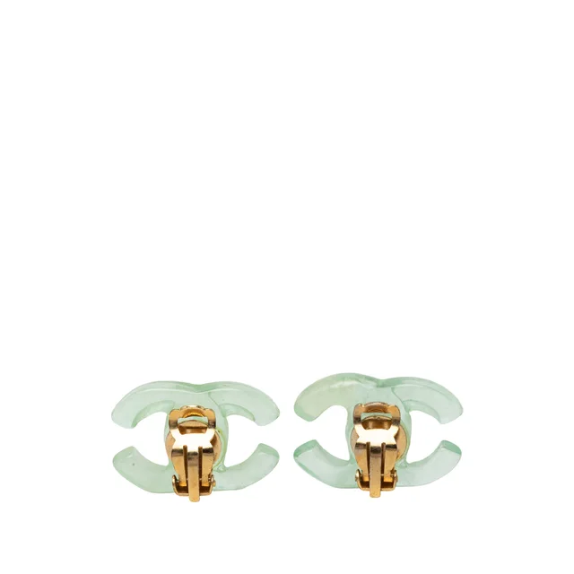 Green Chanel CC Resin Clip On Earrings in Green Resin from Designer Revival, photo 2 of 2
