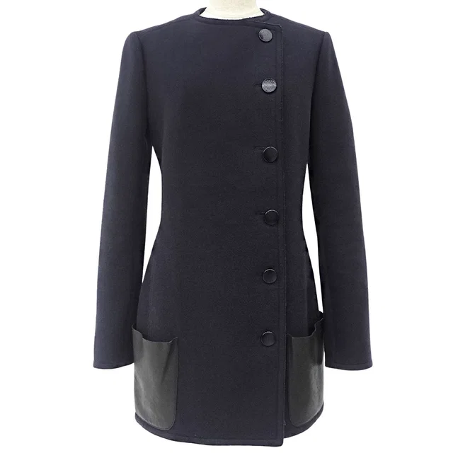 Celine Leather Pocket Collarless Coat #38 Navy in Navy Leather from VINTAGE QOO TOKYO