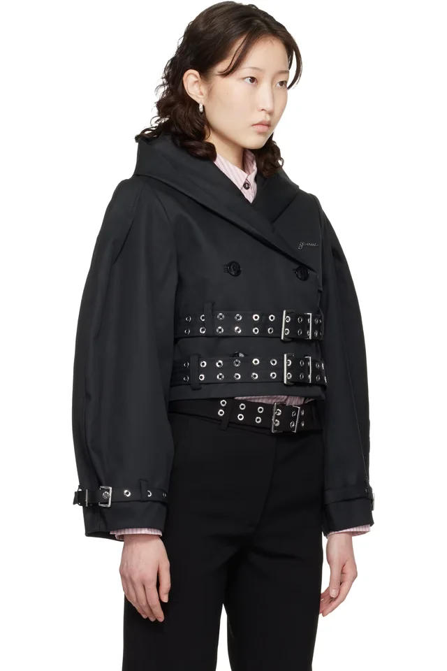 GANNI Black Bonded Cotton Short Trench Jacket, photo 2 of 4 from SSENSE