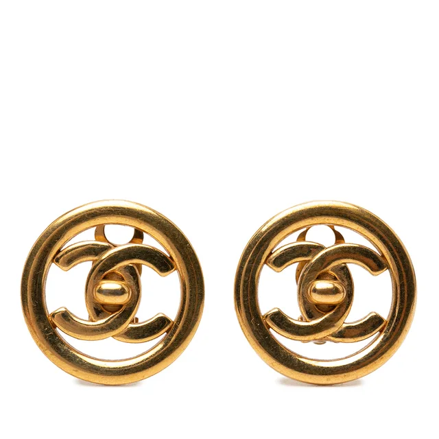 Gold Chanel CC Gold Plated Turn Lock Round Clip On Earrings in Gold from Designer Revival
