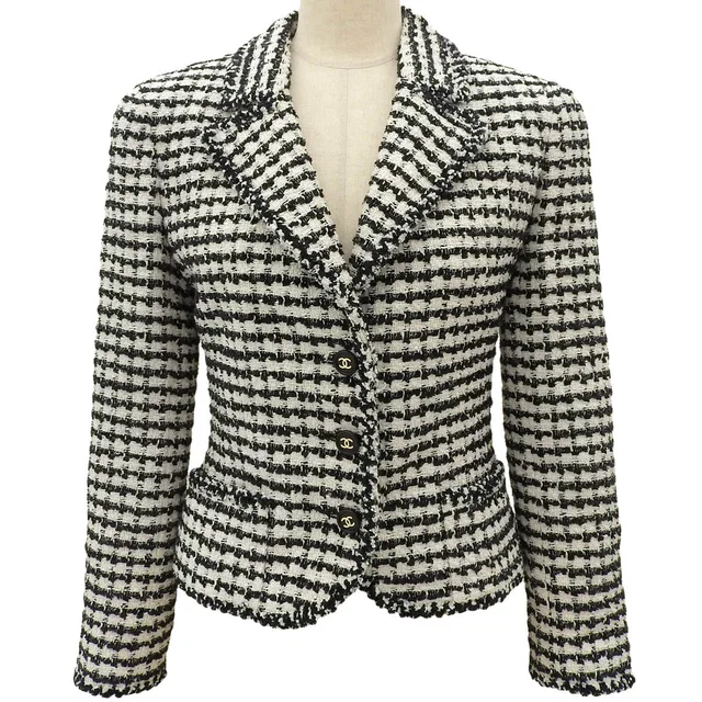 Chanel 1997 Tweed Check Pattern CC Mark Jacket #38 Black/White in Black Tweed from VINTAGE QOO TOKYO
