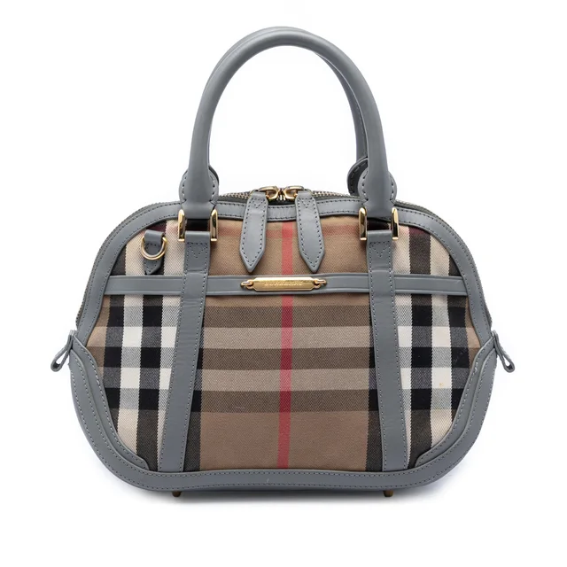 Brown Burberry Small Leather Trimmed House Check Canvas Bridle Orchard Satchel in Brown Canvas from Designer Revival