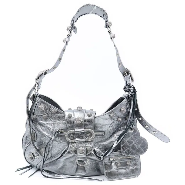 Balenciaga Neo Cagole Croco Embossed Rhinestone Decoration Handbag Silver in Silver from The Reluxe