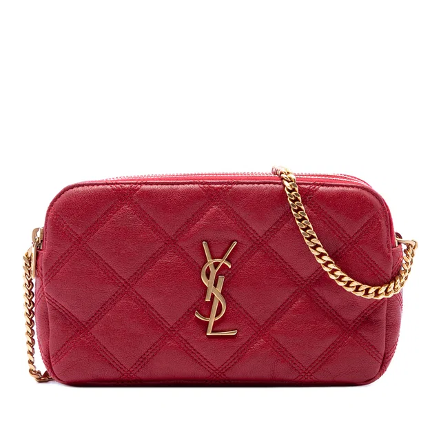Red Saint Laurent Mini Quilted Lambskin Becky Double Zip Crossbody in Red Lambskin from Designer Revival
