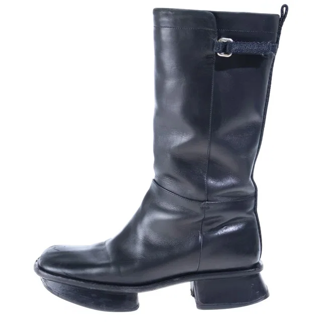 Prada Square Toe Long Boots Shoes Black in Black Leather from The Reluxe