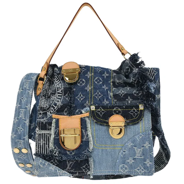 Louis Vuitton Blue Monogram Denim Patchwork Postie M95374 in Blue Denim from AMORE Vintage Tokyo