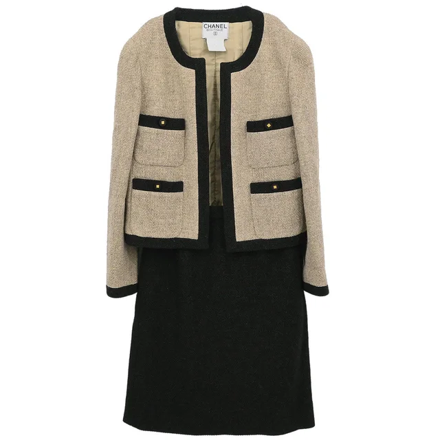 Chanel 1996 Setup Suit Jacket Skirt Tweed Beige Brown #38 in Brown Tweed from AMORE Vintage Tokyo