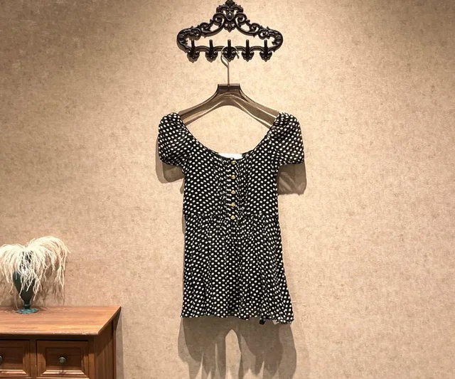 Celine polka dot all-over gold-button silk dress / Size 34 / 99% new / 42428 in Gold Silk from Luxury Promise