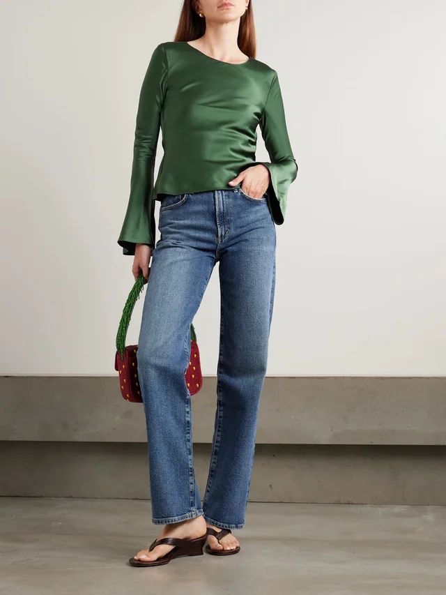GANNI Tie-back cutout satin blouse in Green, photo 2 of 2 from NET-A-PORTER (Canada)