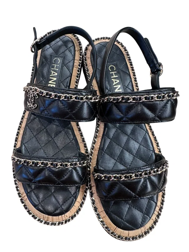 Chanel Black Chain Sandals - Size 38.5 in Black from Luxury Promise