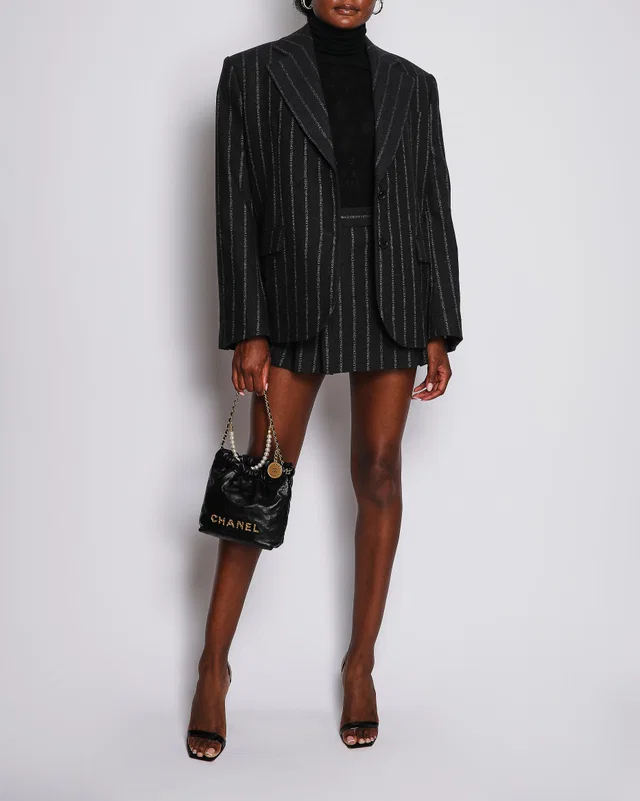 Versace Dark Grey Wool Logo Pinstriped Oversized Blazer and Shorts Set with Size IT 40 (UK 8) in Grey Wool from Sellier