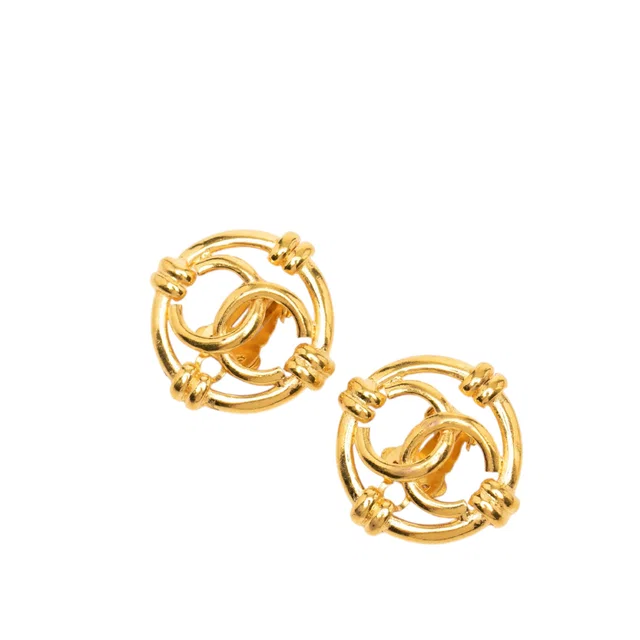 Gold Chanel CC Gold Plated Round Clip On Earrings in Gold from Designer Revival