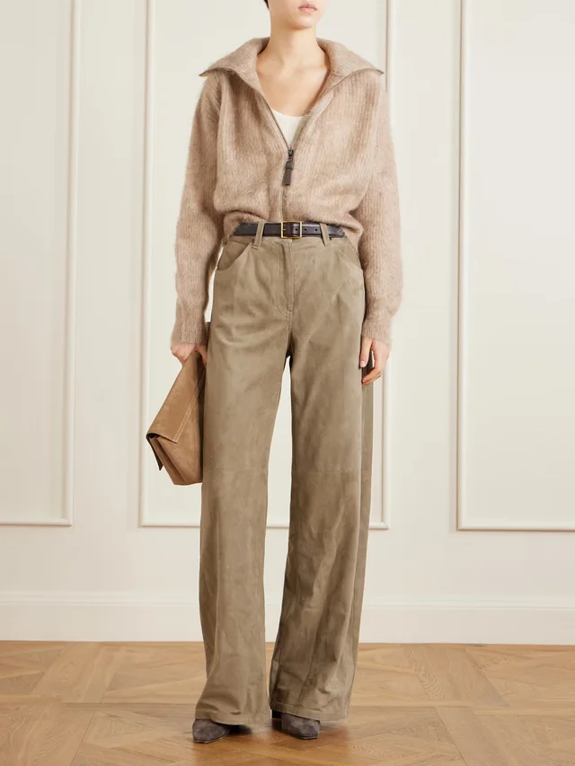 BRUNELLO CUCINELLI Embellished paneled suede wide-leg pants in Brown, photo 2 of 2 from NET-A-PORTER (Canada)