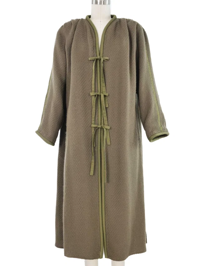 Giorgio Armani Green Tie Front Overcoat in Green Tweed from Arcade Vintage