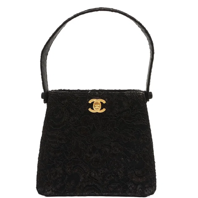 Chanel Circa 1998 Satin Lace Double-Sided CC Turn-Lock Handbag, Black in Black Satin from VINTAGE QOO TOKYO