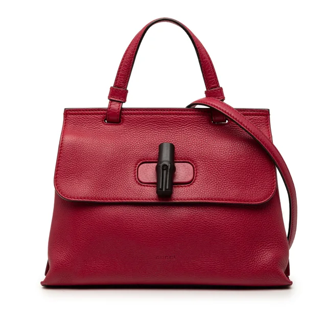 Red Gucci Medium Leather Bamboo Daily Satchel in Red Leather from Designer Revival