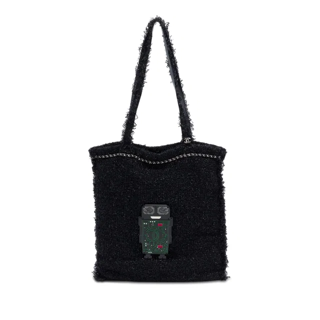 Black Chanel Large Resin Embellished Tweed Robot Shopping Tote in Black Tweed from Designer Revival