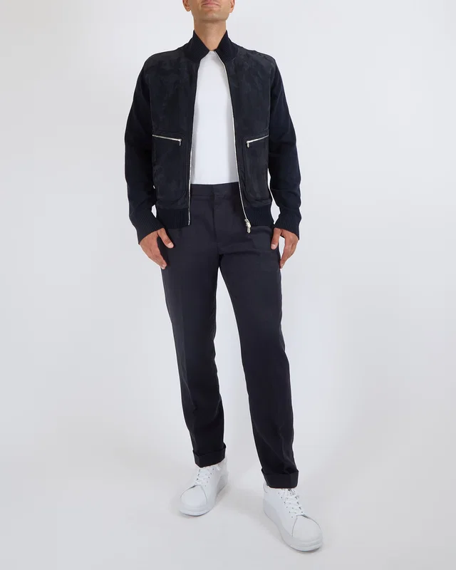 Hermès Menswear Navy Suede and Wool Jacket with Silver Zip Details Size XL (UK 44) in Navy Suede from Sellier