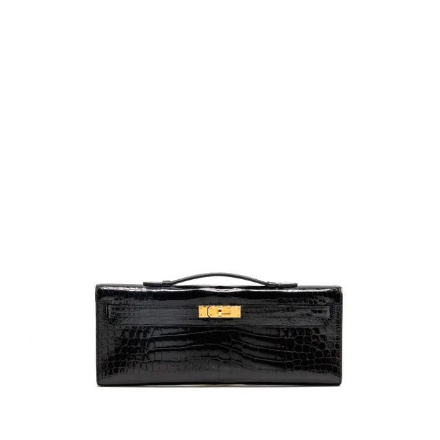 Hermès Kelly Cut Clutch Shiny CROCODILE POROSUS BLACK GHW Stamp X in Black Crocodile from EMIER