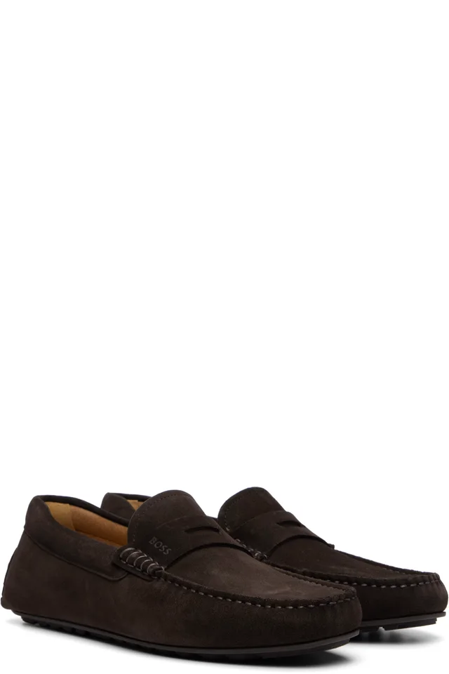 BOSS Brown Penny Trim Suede Loafers, photo 4 of 5 from SSENSE