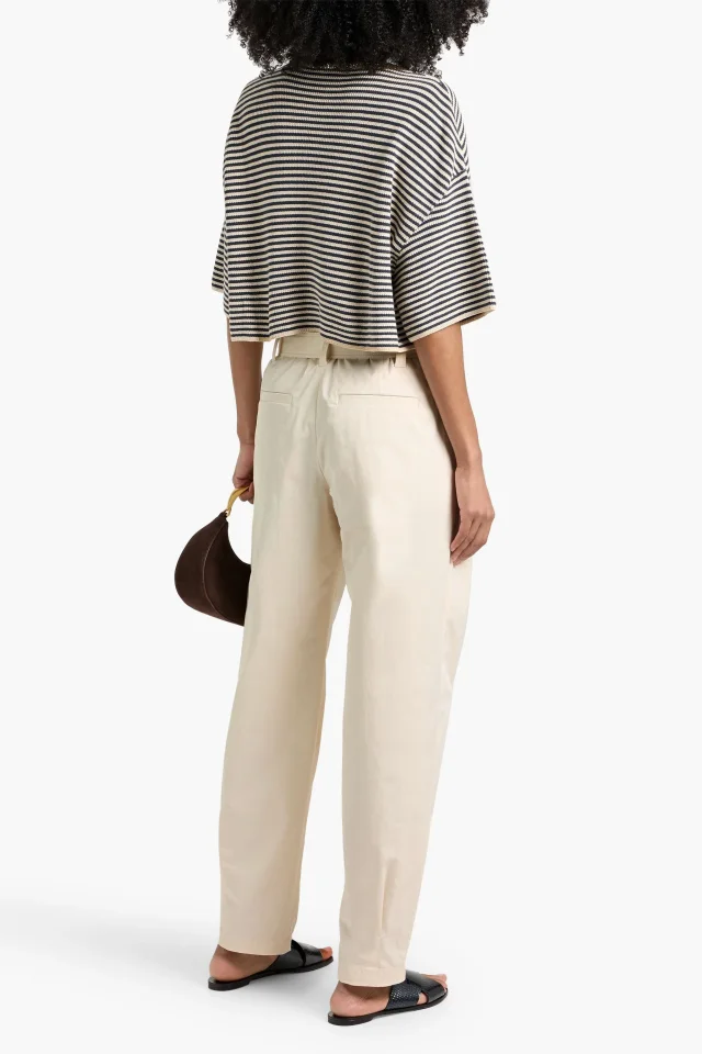 Brunello Cucinelli Belted Stretch-Cotton Twill Tapered Pants in Ivory, photo 2 of 8 from THE OUTNET