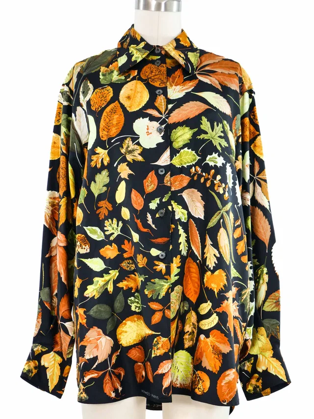 Hermès Tourbillon Swirling Leaf Print Silk Top in Silk from Arcade Vintage