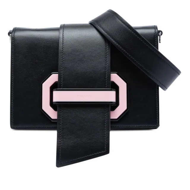 Black Prada City Calf Plex Ribbon Crossbody in Black Leather from Designer Revival