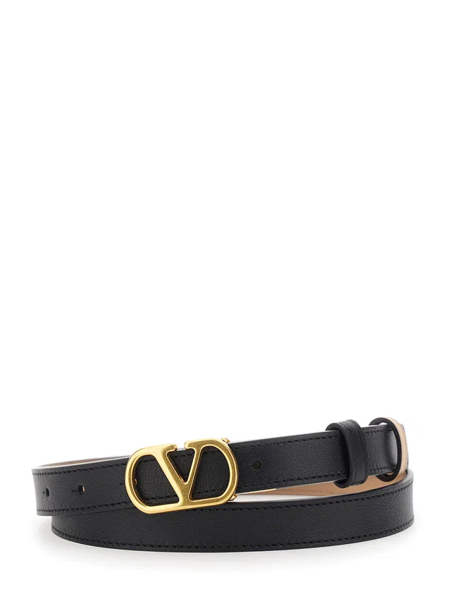 Valentino Garavani Reversible Vlogo Buckle Calf Leather Belt — Black in Black Calfskin from HEWI