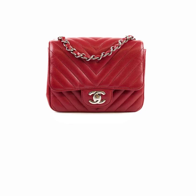 Chanel Caviar Chevron Mini Square Red in Red Caviar leather from The Purse Affair