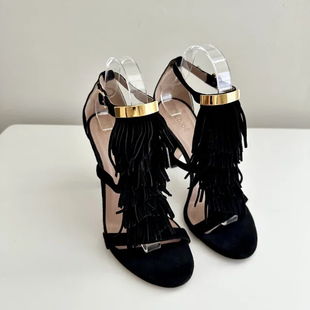 Chloé Black Suede Strappy Fringe Ankle Strap Heels Sandals Size 38.5 in black|gold Suede from Poshmark