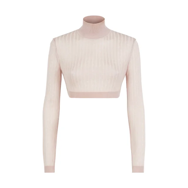 Fendi Micro Pinstripe FF Patterned Viscose Cropped Turtleneck Sweater in Baby Pink Viscose from Designer Archives