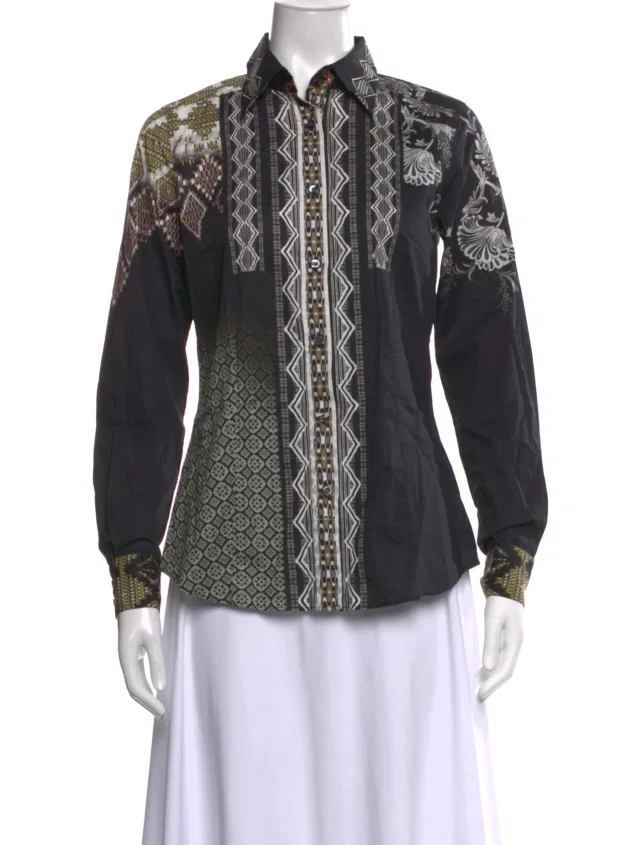 Etro Printed Long Sleeve Button-Up Top in black from The RealReal