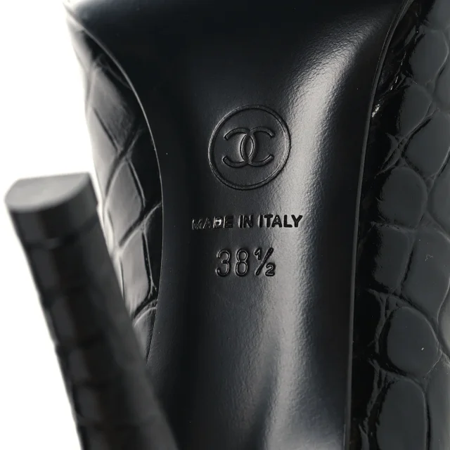 Chanel Crocodile Embossed Patent Calfskin Pumps 38.5 Black in Black Calfskin from FASHIONPHILE, photo 9 of 10