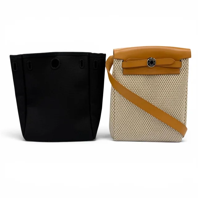 Hermès Herbag TPM Shoulder Bag Toile GM Officier Natural Beige Black in Black Leather from The Reluxe