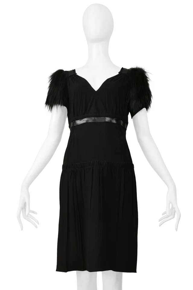 Prada Black Dress With Leather Trim & Fur Sleeves in Black Leather from Resurrection Vintage