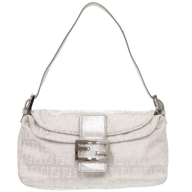 Fendi Zucchino Mamma Bucket Shoulder Canvas Leather Silver Bag in Silver Canvas from The Reluxe