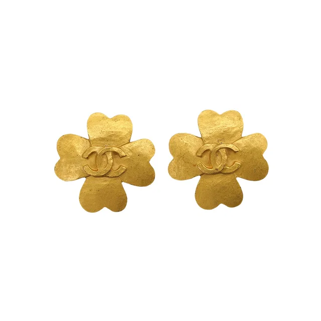 Chanel Vintage Earrings Cocomark Clover Motif Gold Accessory 95P in Gold from Luxury Promise