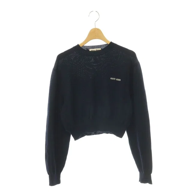Miu Miu Virgin Wool Logo Cropped Knit Sweater Long Sleeve Navy 38 in Navy Wool from The Reluxe